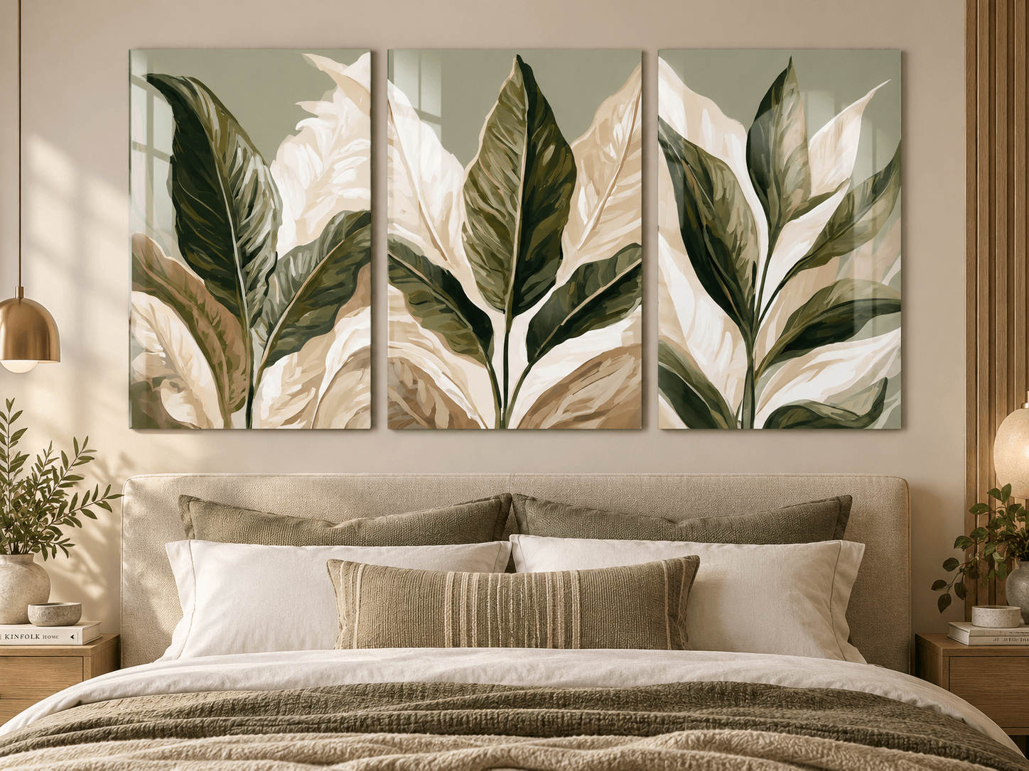 Three-panel cream and olive leaf glass wall art above a neutral upholstered bedroom headboard